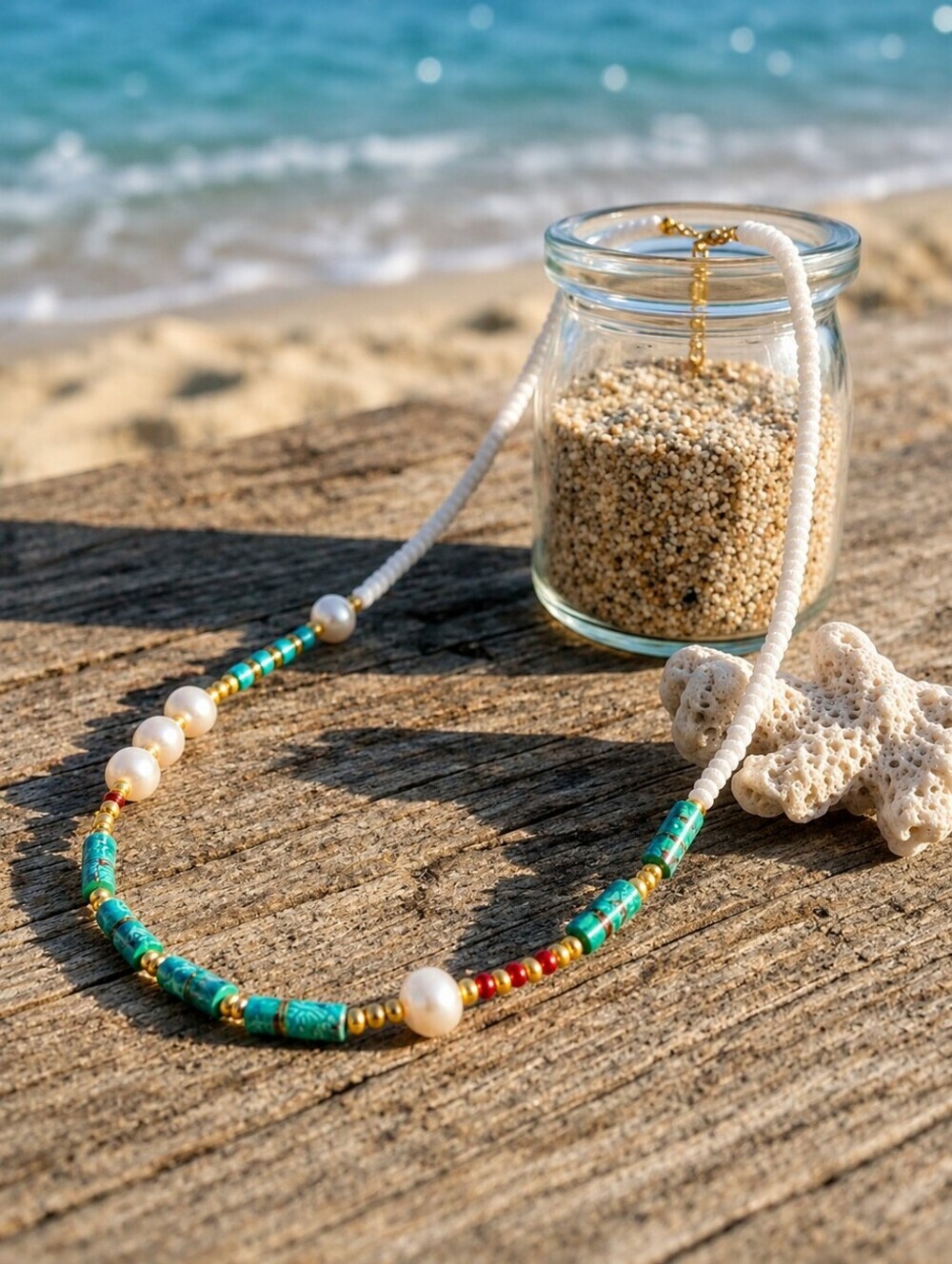 Handmade Boho Green Agate Faux Pearl White Seed Bead Choker Necklace Gold Tone